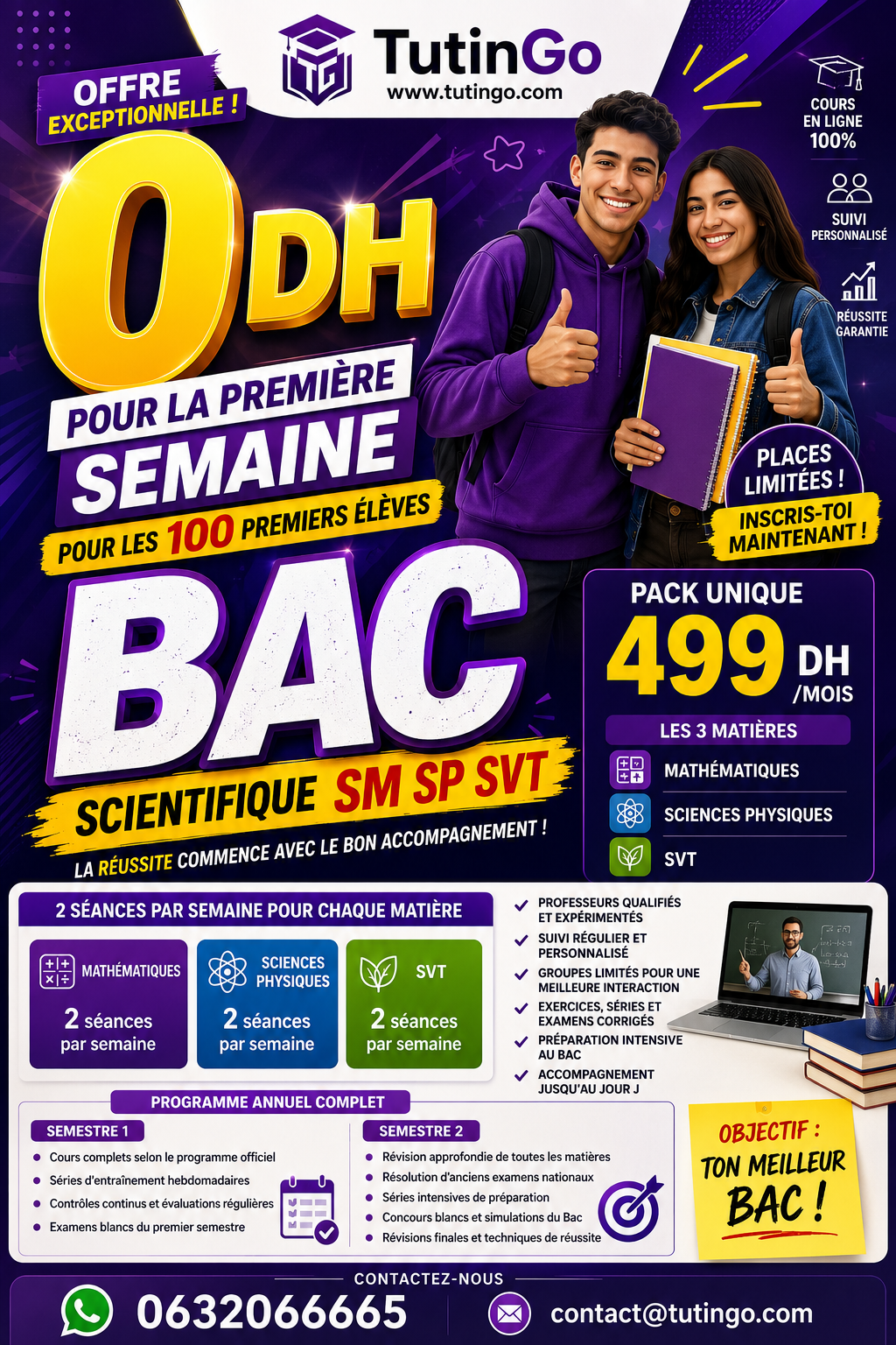 Offre TutinGo : Bac Scientifique SM SP SVT, pack unique 499 DH par mois